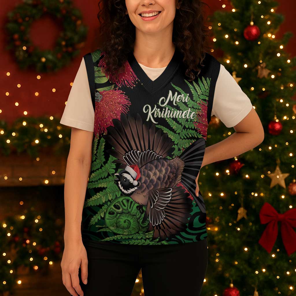 Meri Kirihimete New Zealand Christmas Knitted V-Neck Vest Piwakawaka Koru Fern Mix Pohutukawa - Polynesian Pride