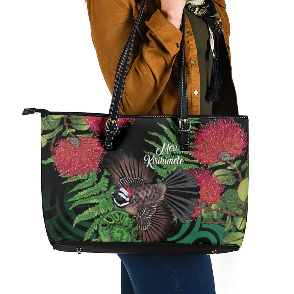 Meri Kirihimete New Zealand Leather Tote Bag Piwakawaka Koru Fern Mix Pohutukawa LT14 - Polynesian Pride