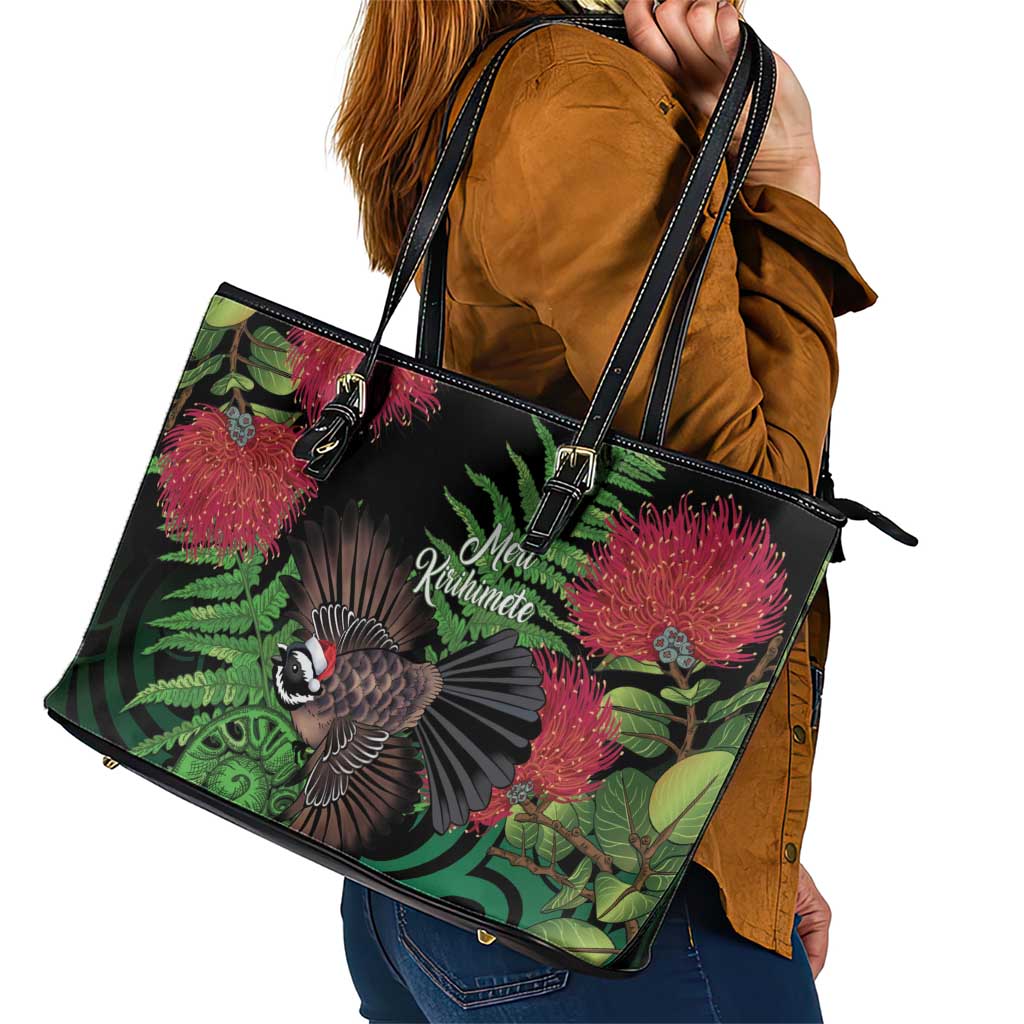 Meri Kirihimete New Zealand Leather Tote Bag Piwakawaka Koru Fern Mix Pohutukawa LT14 - Polynesian Pride