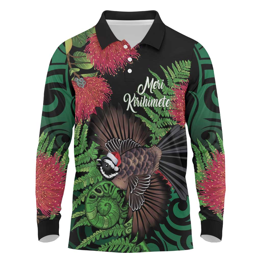 Meri Kirihimete New Zealand Long Sleeve Polo Shirt Piwakawaka Koru Fern Mix Pohutukawa - Polynesian Pride