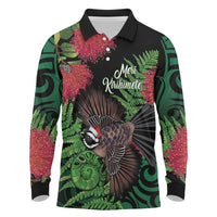 Meri Kirihimete New Zealand Long Sleeve Polo Shirt Piwakawaka Koru Fern Mix Pohutukawa - Polynesian Pride