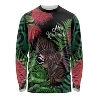 Meri Kirihimete New Zealand Long Sleeve Shirt Piwakawaka Koru Fern Mix Pohutukawa - Polynesian Pride