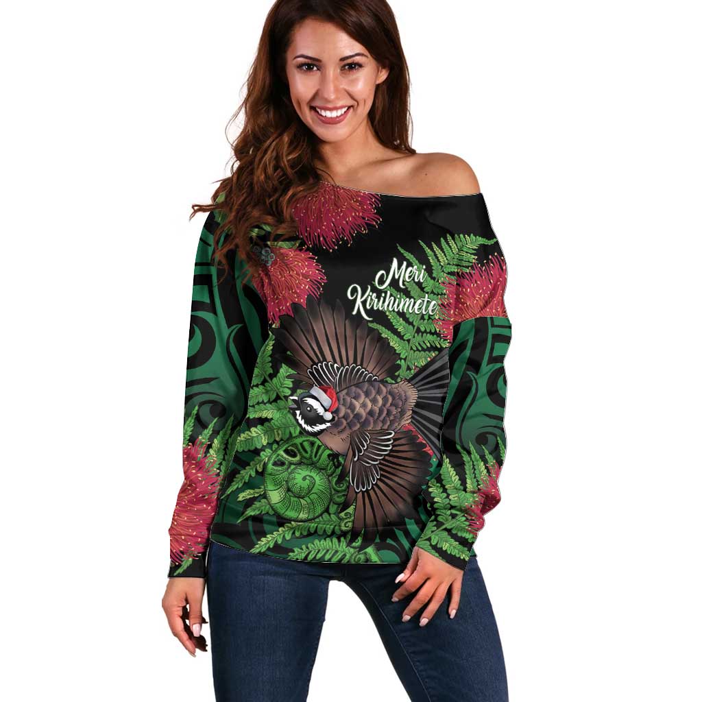 Meri Kirihimete New Zealand Off Shoulder Sweater Piwakawaka Koru Fern Mix Pohutukawa - Polynesian Pride