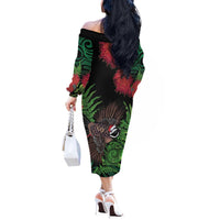 Meri Kirihimete New Zealand Off The Shoulder Long Sleeve Dress Piwakawaka Koru Fern Mix Pohutukawa - Polynesian Pride