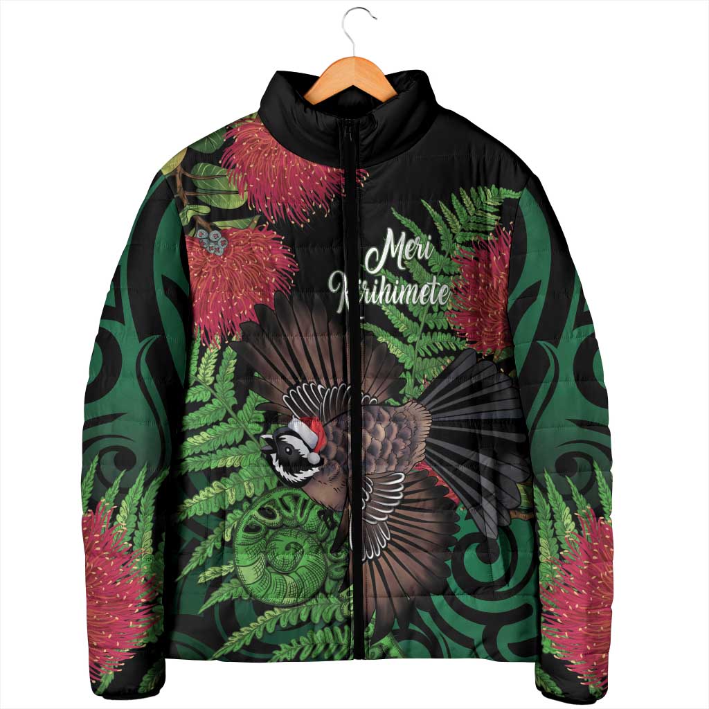 Meri Kirihimete New Zealand Padded Jacket Piwakawaka Koru Fern Mix Pohutukawa - Polynesian Pride