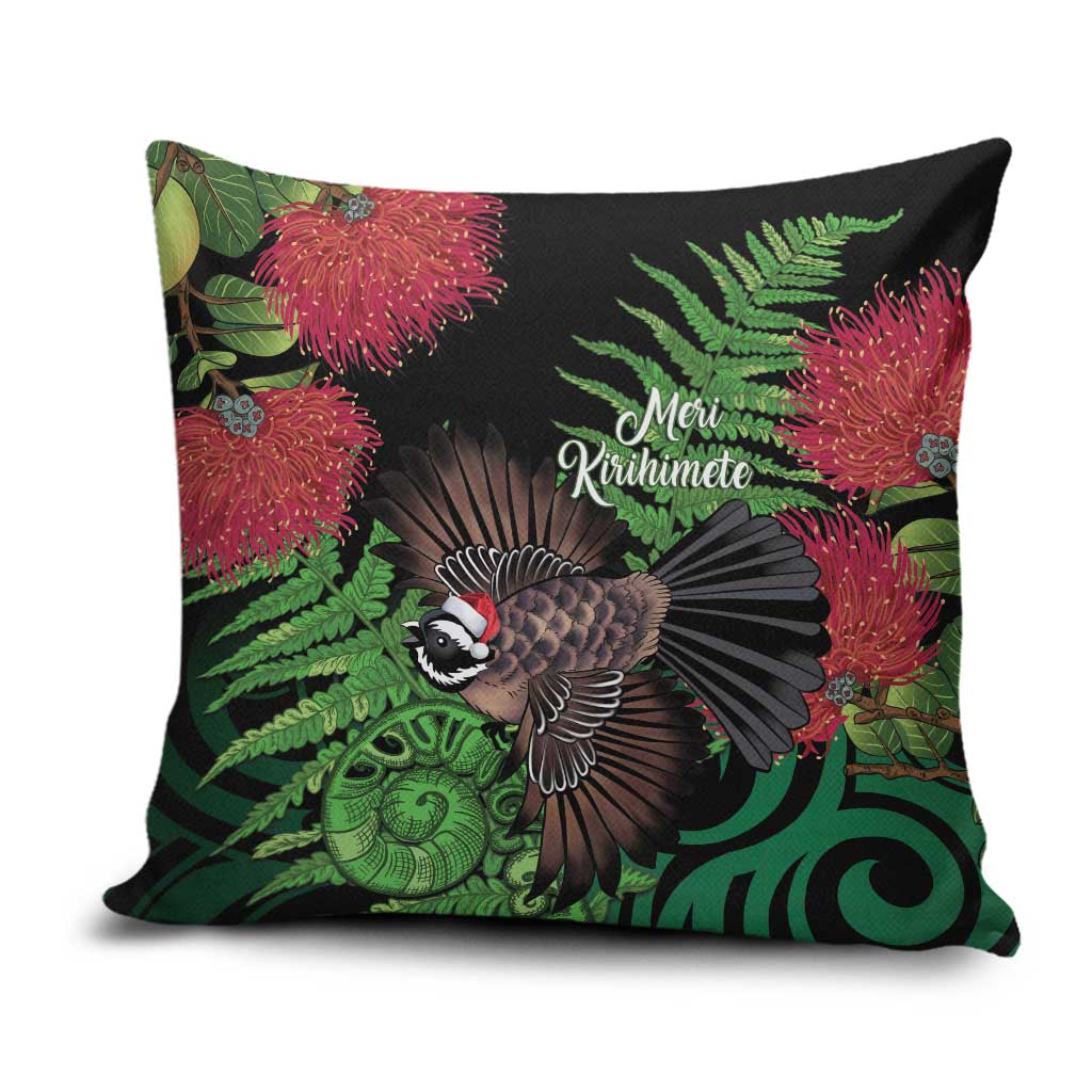 Meri Kirihimete New Zealand Pillow Cover Piwakawaka Koru Fern Mix Pohutukawa LT14 Black - Polynesian Pride