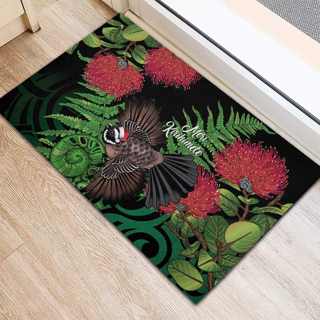 Meri Kirihimete New Zealand Rubber Doormat Piwakawaka Koru Fern Mix Pohutukawa - Polynesian Pride