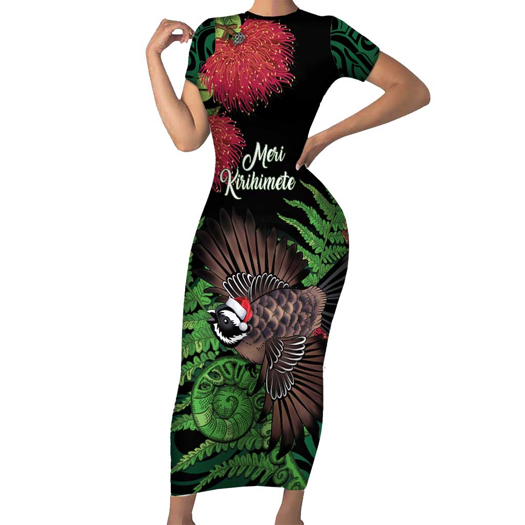 Meri Kirihimete New Zealand Short Sleeve Bodycon Dress Piwakawaka Koru Fern Mix Pohutukawa - Polynesian Pride