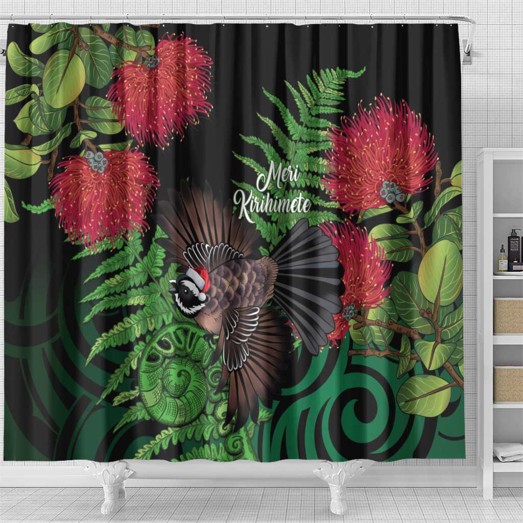 Meri Kirihimete New Zealand Shower Curtain Piwakawaka Koru Fern Mix Pohutukawa - Polynesian Pride