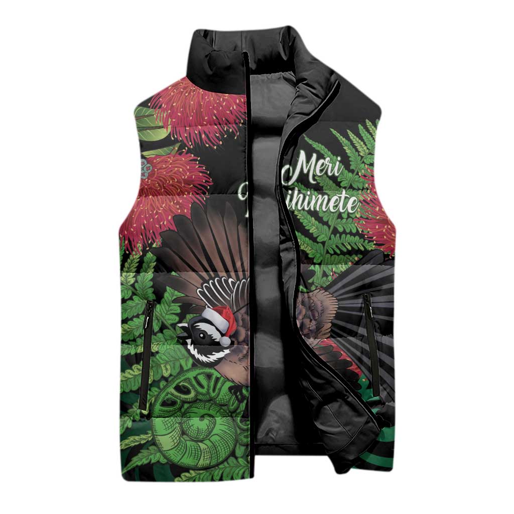 Meri Kirihimete New Zealand Sleeveless Puffer Jacket Piwakawaka Koru Fern Mix Pohutukawa - Polynesian Pride