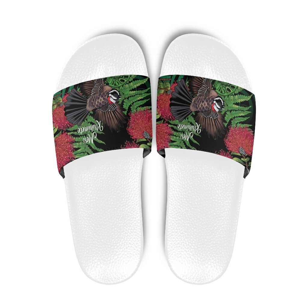 Meri Kirihimete New Zealand Slide Sandals Piwakawaka Koru Fern Mix Pohutukawa LT14 Black - Polynesian Pride