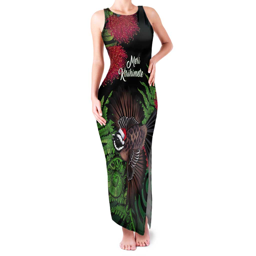 Meri Kirihimete New Zealand Tank Maxi Dress Piwakawaka Koru Fern Mix Pohutukawa LT14 Women Black - Polynesian Pride