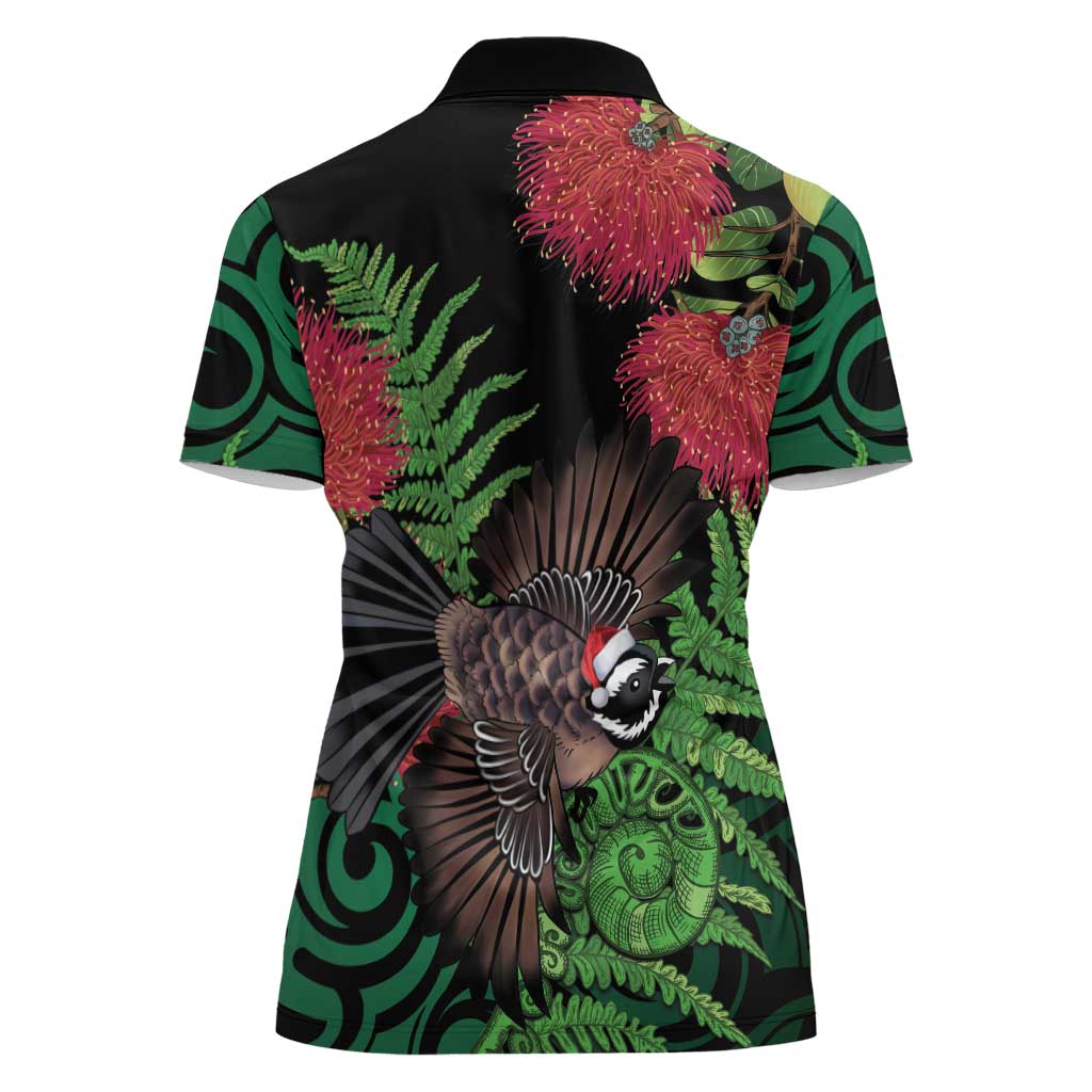 Meri Kirihimete New Zealand Women Polo Shirt Piwakawaka Koru Fern Mix Pohutukawa - Polynesian Pride