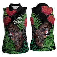 Meri Kirihimete New Zealand Women Sleeveless Polo Shirt Piwakawaka Koru Fern Mix Pohutukawa - Polynesian Pride