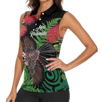 Meri Kirihimete New Zealand Women Sleeveless Polo Shirt Piwakawaka Koru Fern Mix Pohutukawa - Polynesian Pride