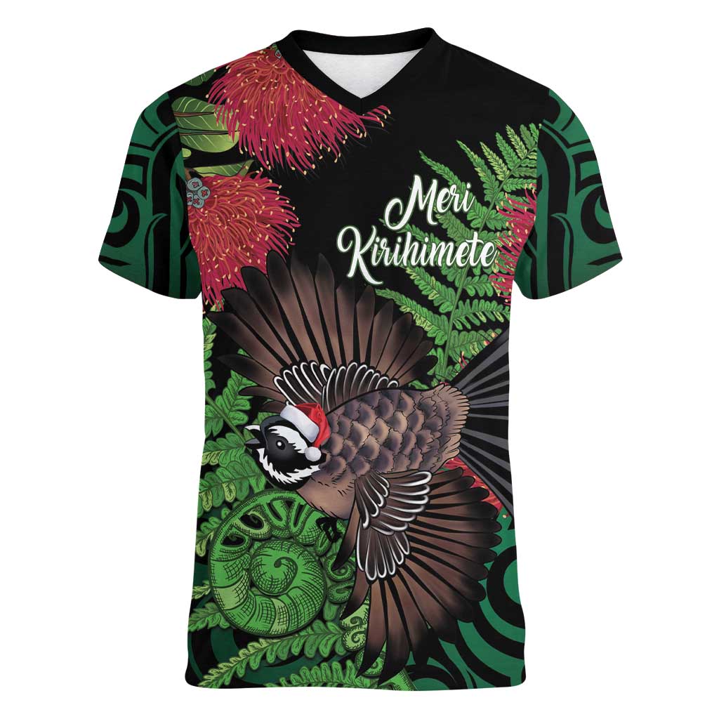 Meri Kirihimete New Zealand Women V-Neck T-Shirt Piwakawaka Koru Fern Mix Pohutukawa - Polynesian Pride