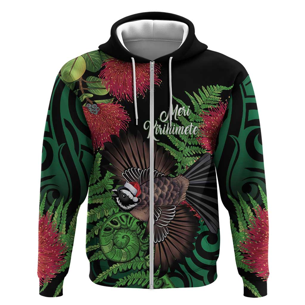 Meri Kirihimete New Zealand Zip Hoodie Piwakawaka Koru Fern Mix Pohutukawa - Polynesian Pride