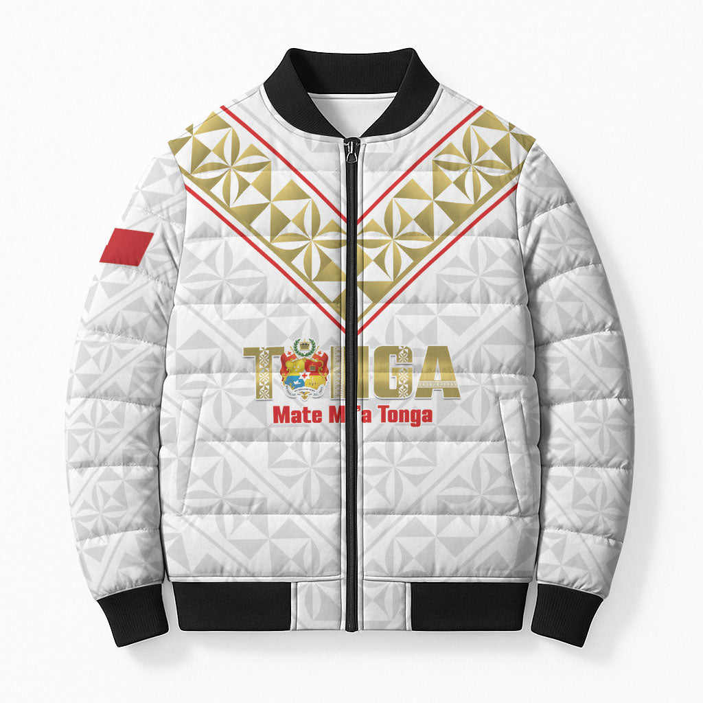 Mate Maa Tonga Rugby Custom Bomber Puffer Jacket 2026 Tongan Ngatu Pattern LT14 Unisex White - Polynesian Pride