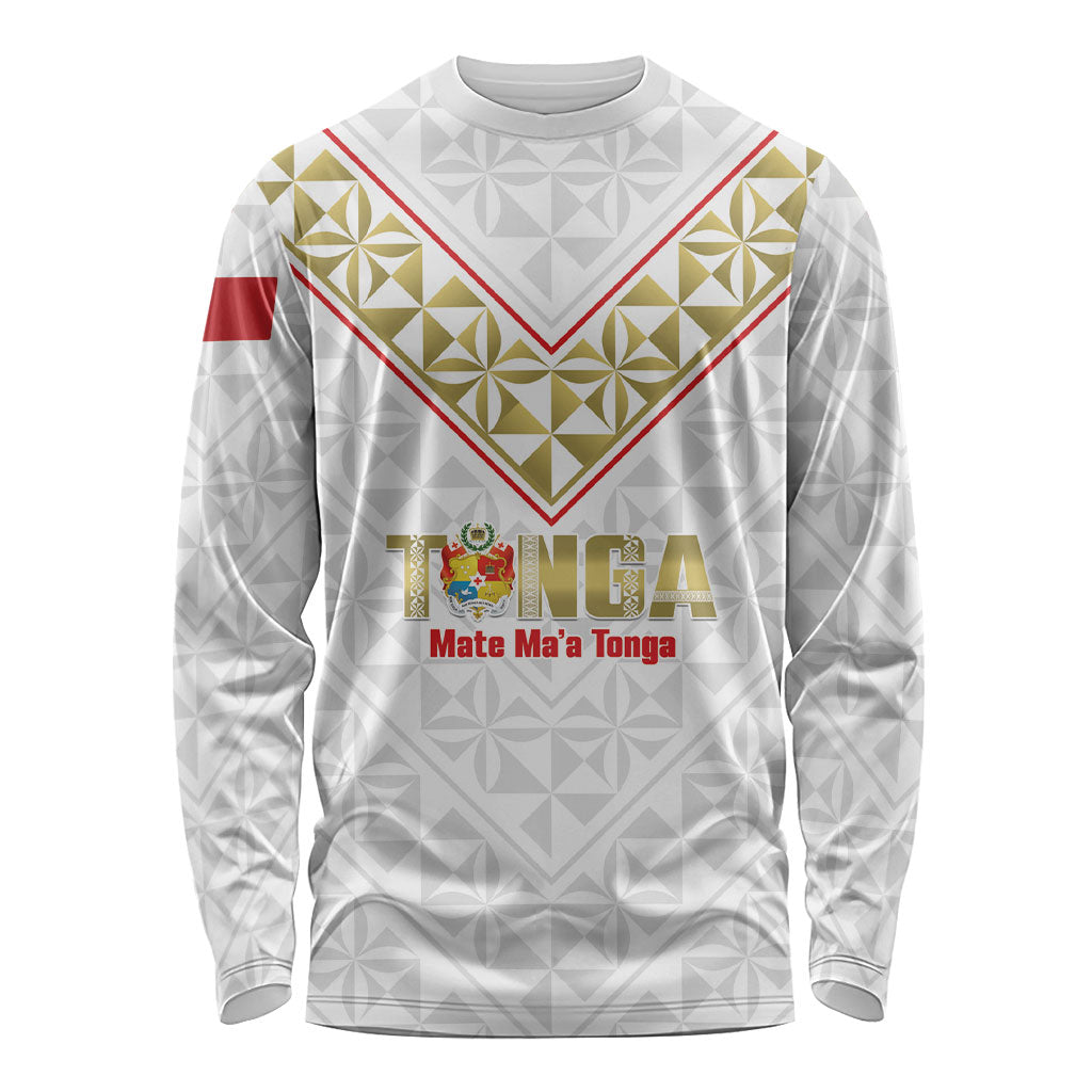 Mate Maa Tonga Rugby Custom Long Sleeve Shirt 2026 Tongan Ngatu Pattern LT14 Unisex White - Polynesian Pride