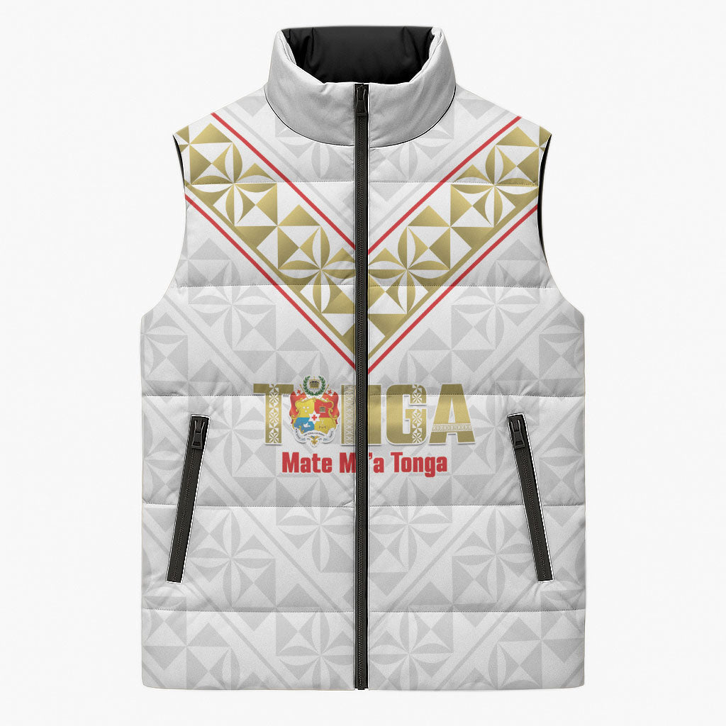 Mate Maa Tonga Rugby Custom Sleeveless Puffer Jacket 2026 Tongan Ngatu Pattern LT14 Unisex White - Polynesian Pride