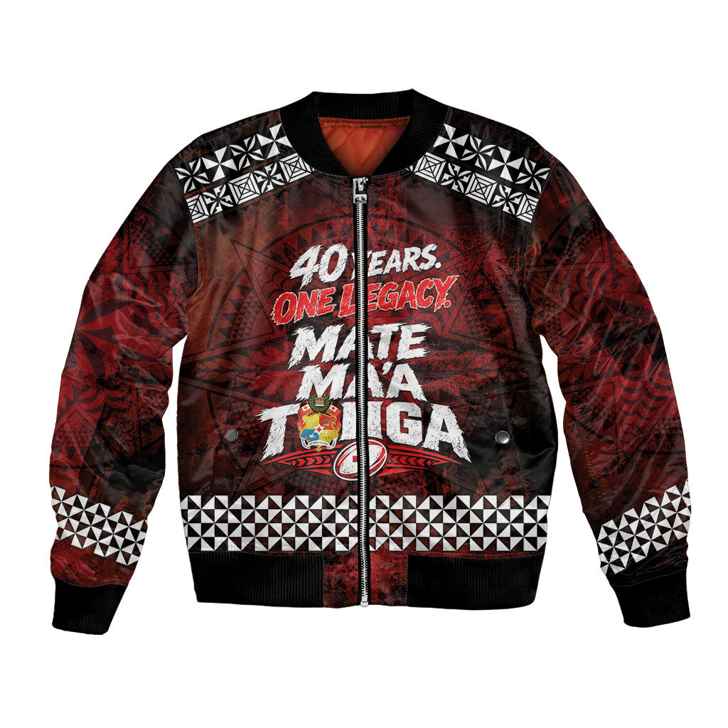 Mate Maa Tonga Rugby 2026 Bomber Jacket 40 Years Anniversary One Legacy LT14 Unisex Red - Polynesian Pride