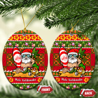 Hawaii Surfing Santa Christmas Ceramic Ornament Tropical Pineapple Mele Kalikimaka Quilt Pattern LT14 Oval Red - Polynesian Pride