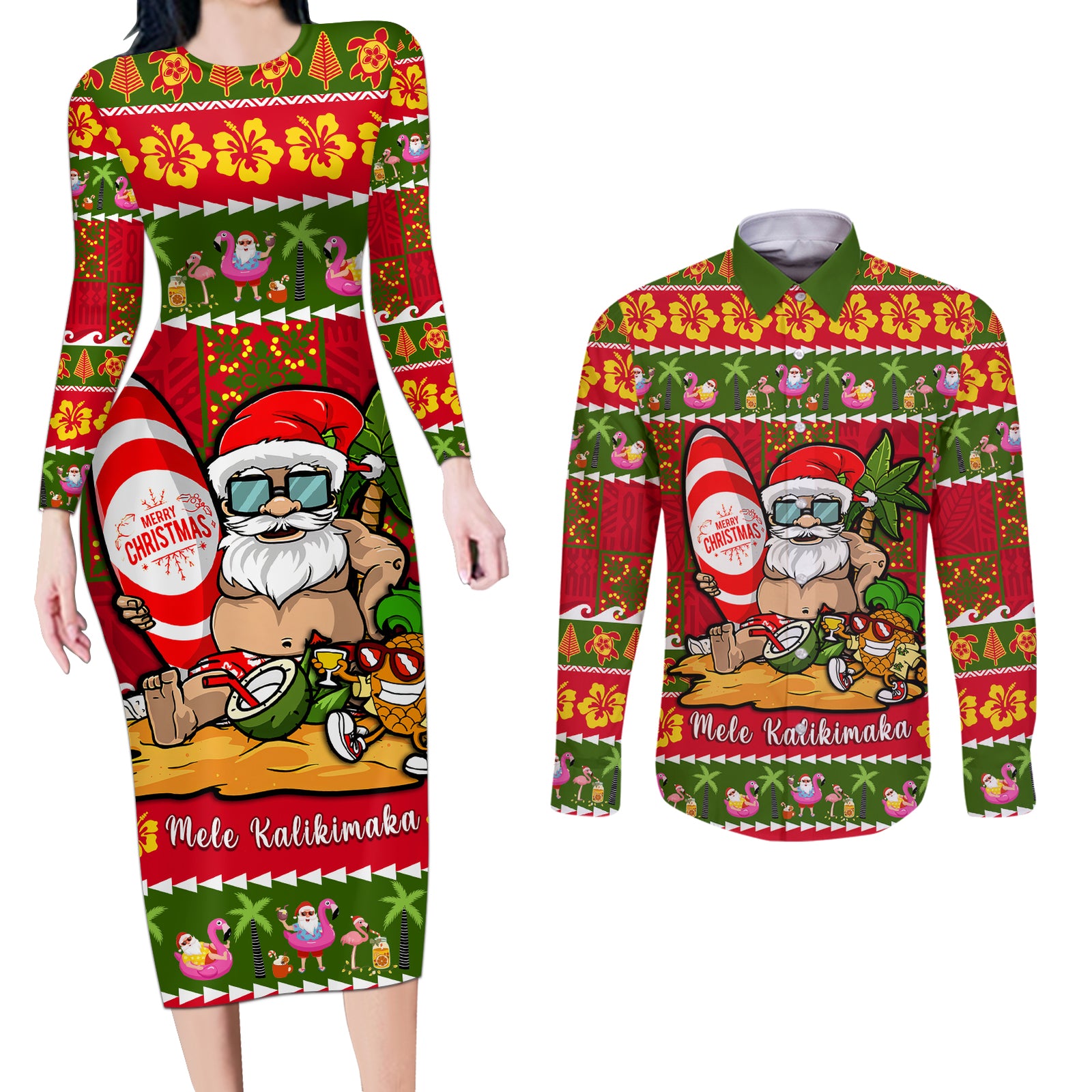 Personalised Hawaii Surfing Santa Christmas Couples Matching Long Sleeve Bodycon Dress and Long Sleeve Button Shirt Tropical Pineapple Mele Kalikimaka Quilt Pattern LT14 Red - Polynesian Pride