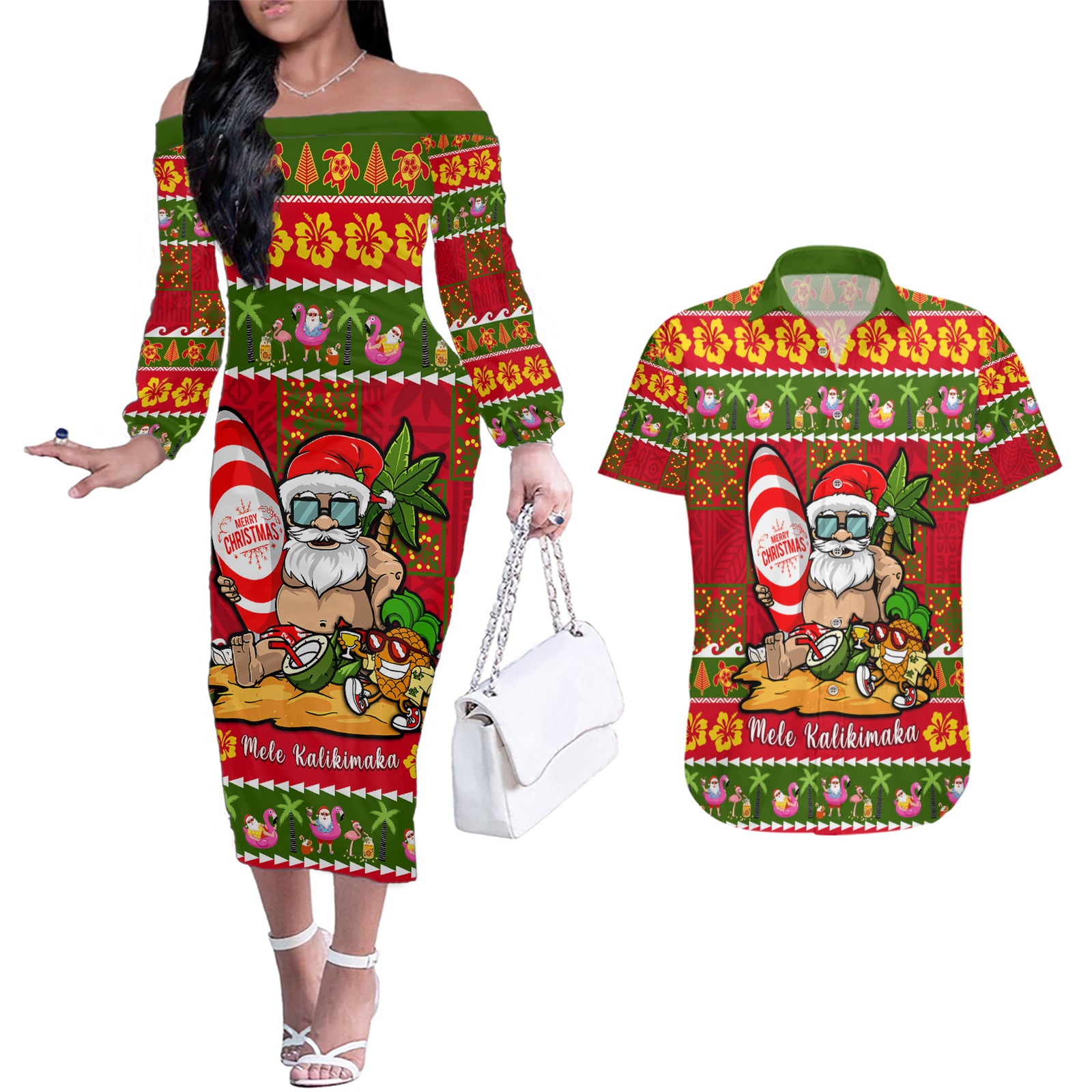 Personalised Hawaii Surfing Santa Christmas Couples Matching Off The Shoulder Long Sleeve Dress and Hawaiian Shirt Tropical Pineapple Mele Kalikimaka Quilt Pattern LT14 Red - Polynesian Pride