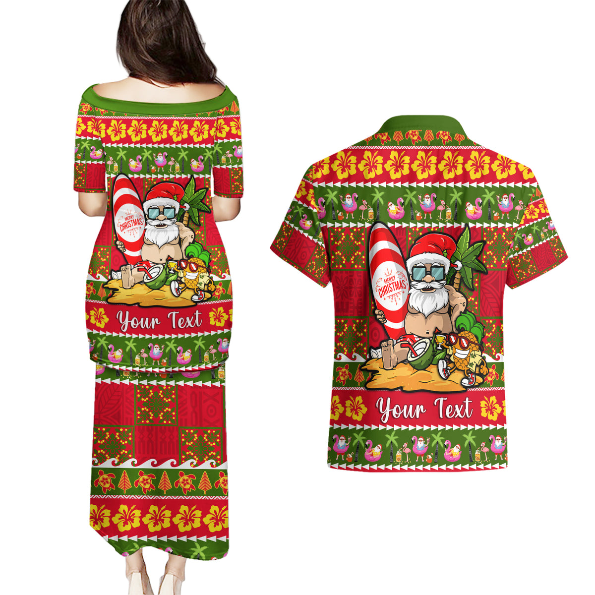 Personalised Hawaii Surfing Santa Christmas Couples Matching Puletasi Dress and Hawaiian Shirt Tropical Pineapple Mele Kalikimaka Quilt Pattern LT14 - Polynesian Pride