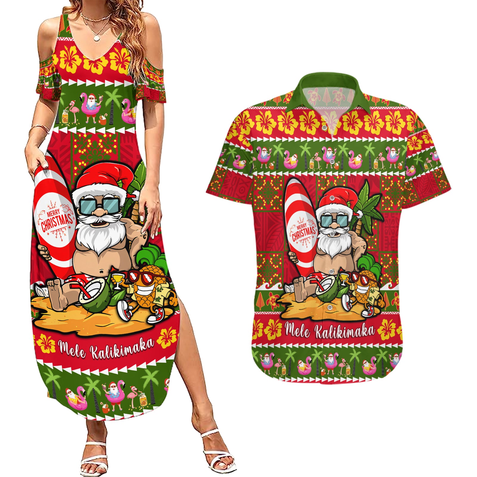 Personalised Hawaii Surfing Santa Christmas Couples Matching Summer Maxi Dress and Hawaiian Shirt Tropical Pineapple Mele Kalikimaka Quilt Pattern LT14 Red - Polynesian Pride