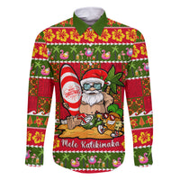Personalised Hawaii Surfing Santa Christmas Family Matching Mermaid Dress and Hawaiian Shirt Tropical Pineapple Mele Kalikimaka Quilt Pattern LT14 Dad's Shirt - Long Sleeve Red - Polynesian Pride