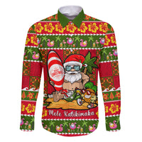 Personalised Hawaii Surfing Santa Christmas Family Matching Puletasi Dress and Hawaiian Shirt Tropical Pineapple Mele Kalikimaka Quilt Pattern LT14 Dad's Shirt - Long Sleeve Red - Polynesian Pride
