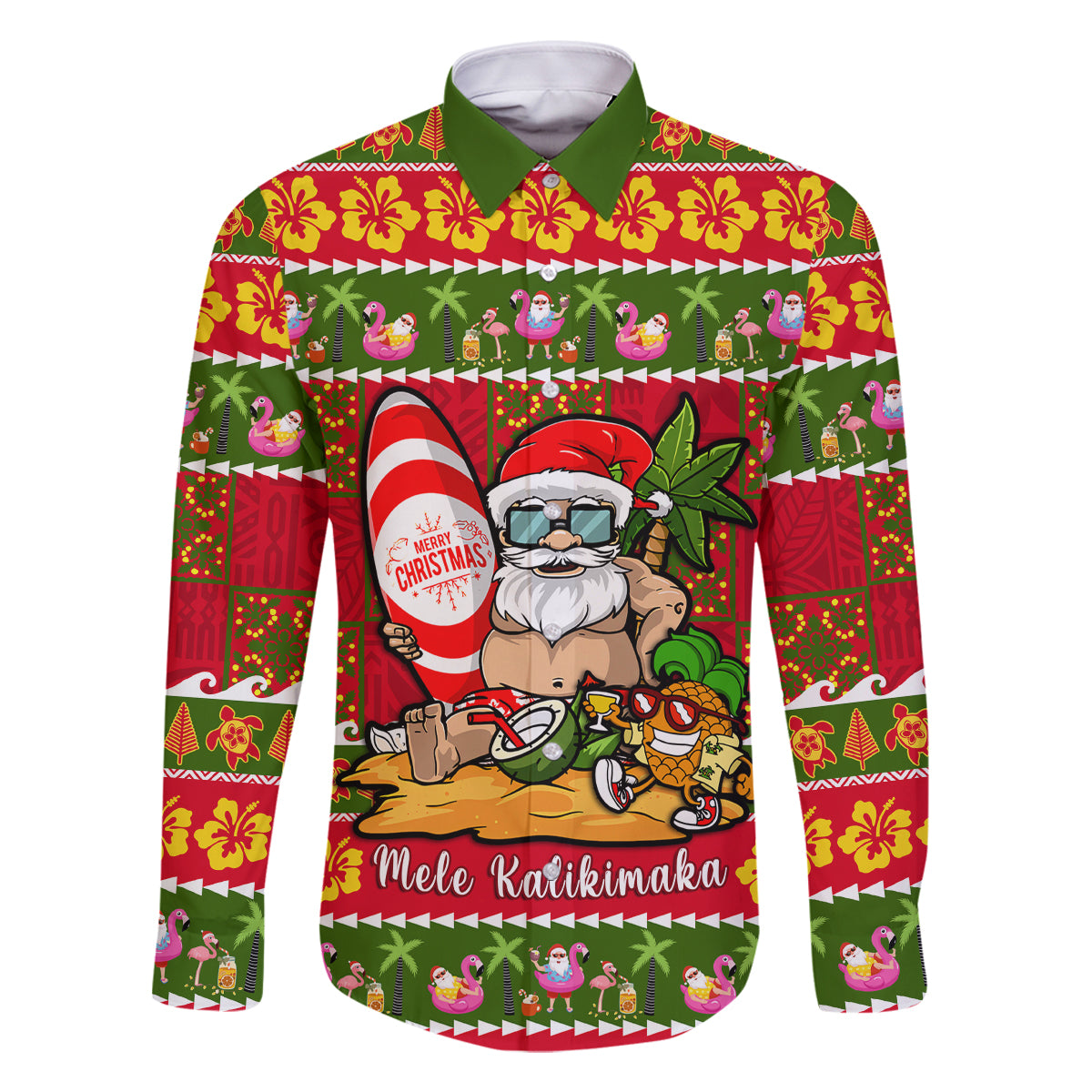 Personalised Hawaii Surfing Santa Christmas Family Matching Tank Maxi Dress and Hawaiian Shirt Tropical Pineapple Mele Kalikimaka Quilt Pattern LT14 Dad's Shirt - Long Sleeve Red - Polynesian Pride