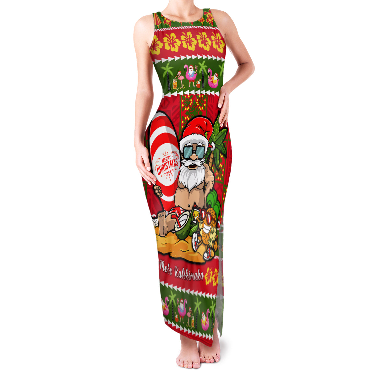 Personalised Hawaii Surfing Santa Christmas Family Matching Tank Maxi Dress and Hawaiian Shirt Tropical Pineapple Mele Kalikimaka Quilt Pattern LT14 Mom's Dress Red - Polynesian Pride