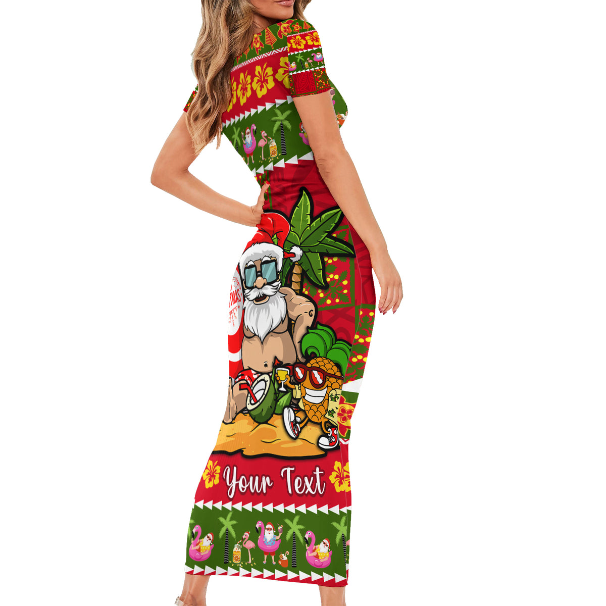 Personalised Hawaii Surfing Santa Christmas Short Sleeve Bodycon Dress Tropical Pineapple Mele Kalikimaka Quilt Pattern LT14 - Polynesian Pride