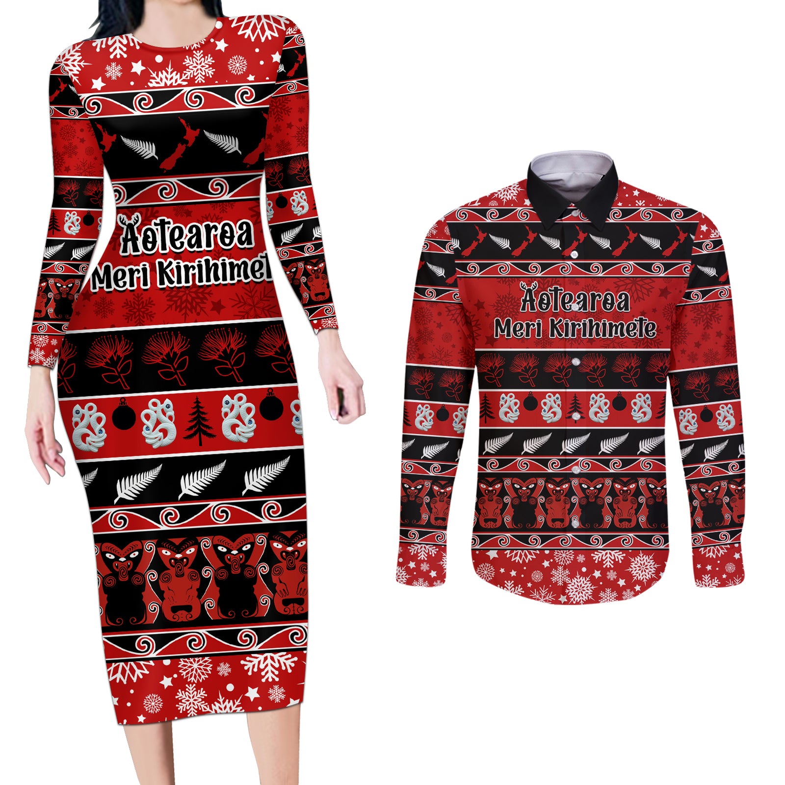 Personalised New Zealand Christmas Couples Matching Long Sleeve Bodycon Dress and Long Sleeve Button Shirt Aotearoa Kiwi Meri Kirihimete Red Version LT14 Red - Polynesian Pride