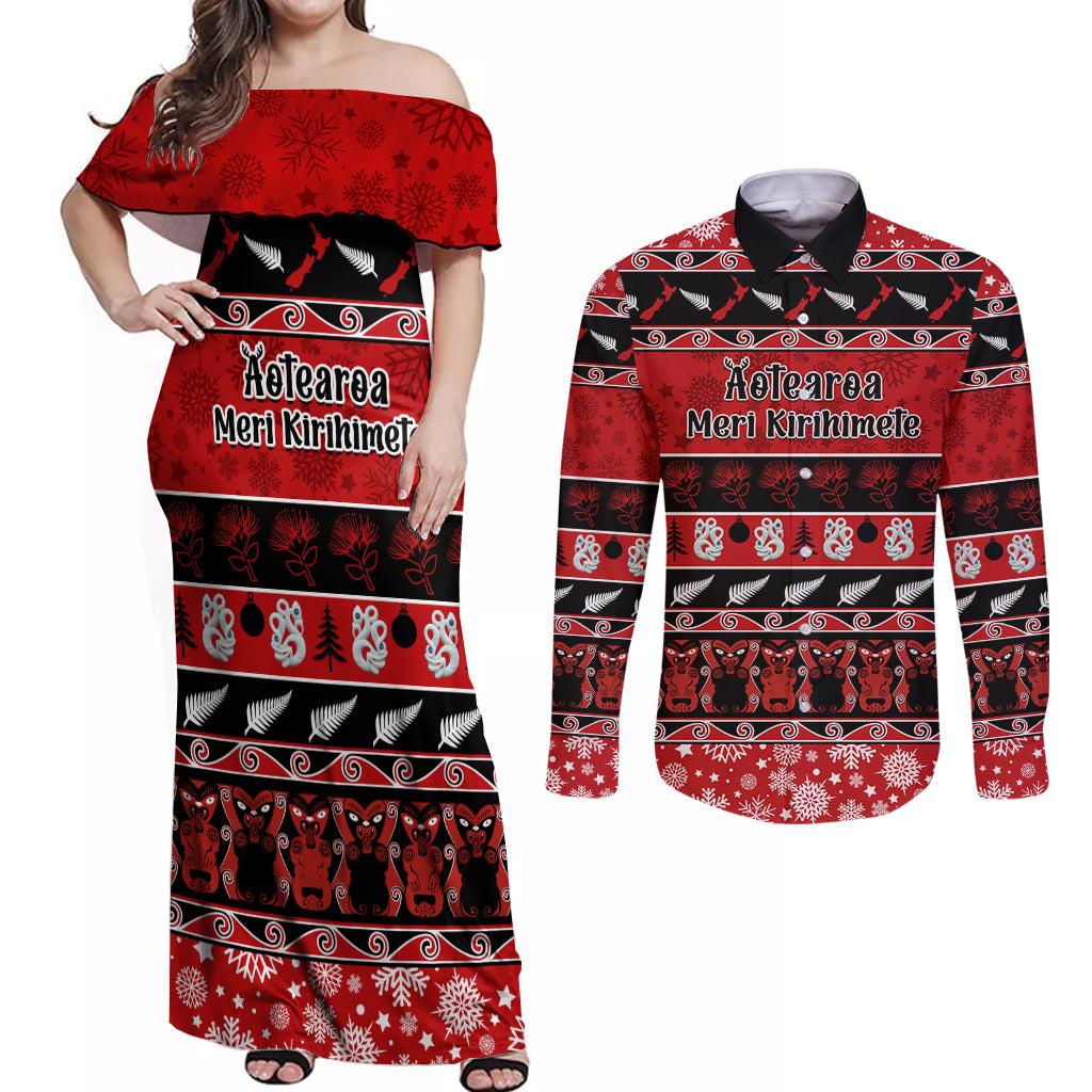 Personalised New Zealand Christmas Couples Matching Off Shoulder Maxi Dress and Long Sleeve Button Shirt Aotearoa Kiwi Meri Kirihimete Red Version LT14 Red - Polynesian Pride