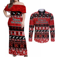 Personalised New Zealand Christmas Couples Matching Off Shoulder Maxi Dress and Long Sleeve Button Shirt Aotearoa Kiwi Meri Kirihimete Red Version LT14 Red - Polynesian Pride