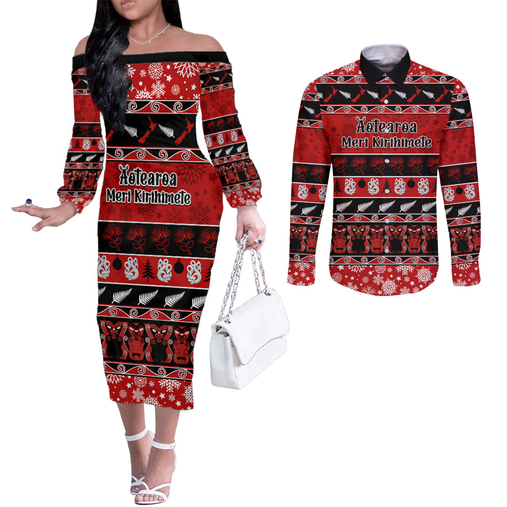 Personalised New Zealand Christmas Couples Matching Off The Shoulder Long Sleeve Dress and Long Sleeve Button Shirt Aotearoa Kiwi Meri Kirihimete Red Version LT14 Red - Polynesian Pride