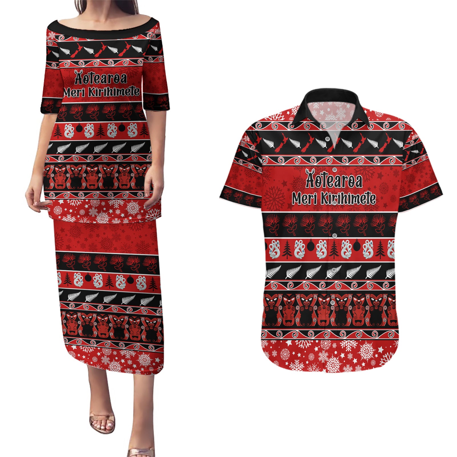 Personalised New Zealand Christmas Couples Matching Puletasi Dress and Hawaiian Shirt Aotearoa Kiwi Meri Kirihimete Red Version LT14 Red - Polynesian Pride