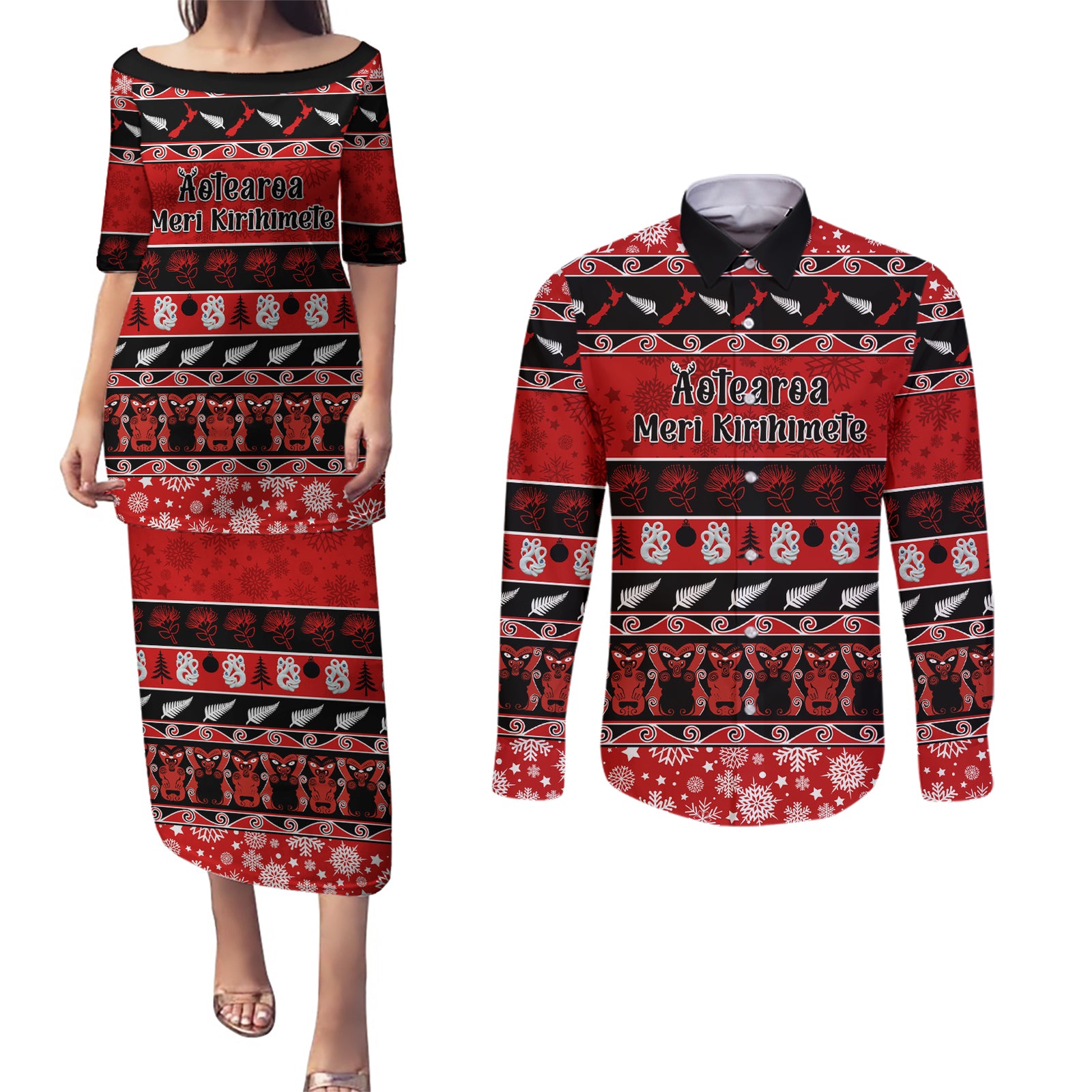 Personalised New Zealand Christmas Couples Matching Puletasi Dress and Long Sleeve Button Shirt Aotearoa Kiwi Meri Kirihimete Red Version LT14 Red - Polynesian Pride