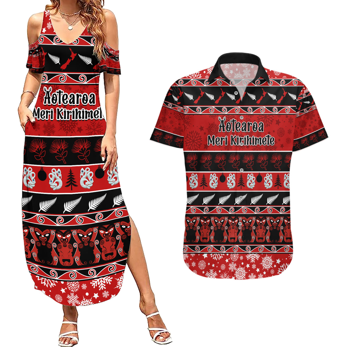 Personalised New Zealand Christmas Couples Matching Summer Maxi Dress and Hawaiian Shirt Aotearoa Kiwi Meri Kirihimete Red Version LT14 Red - Polynesian Pride