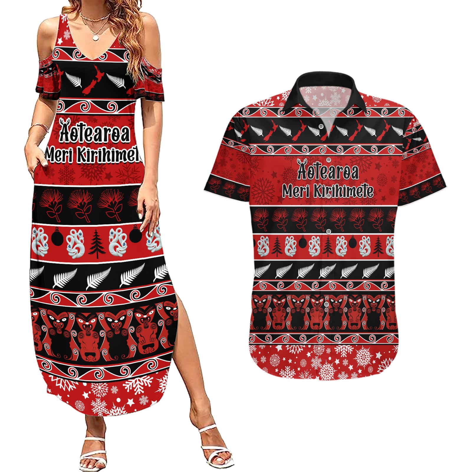 Personalised New Zealand Christmas Couples Matching Summer Maxi Dress and Hawaiian Shirt Aotearoa Kiwi Meri Kirihimete Red Version LT14 Red - Polynesian Pride