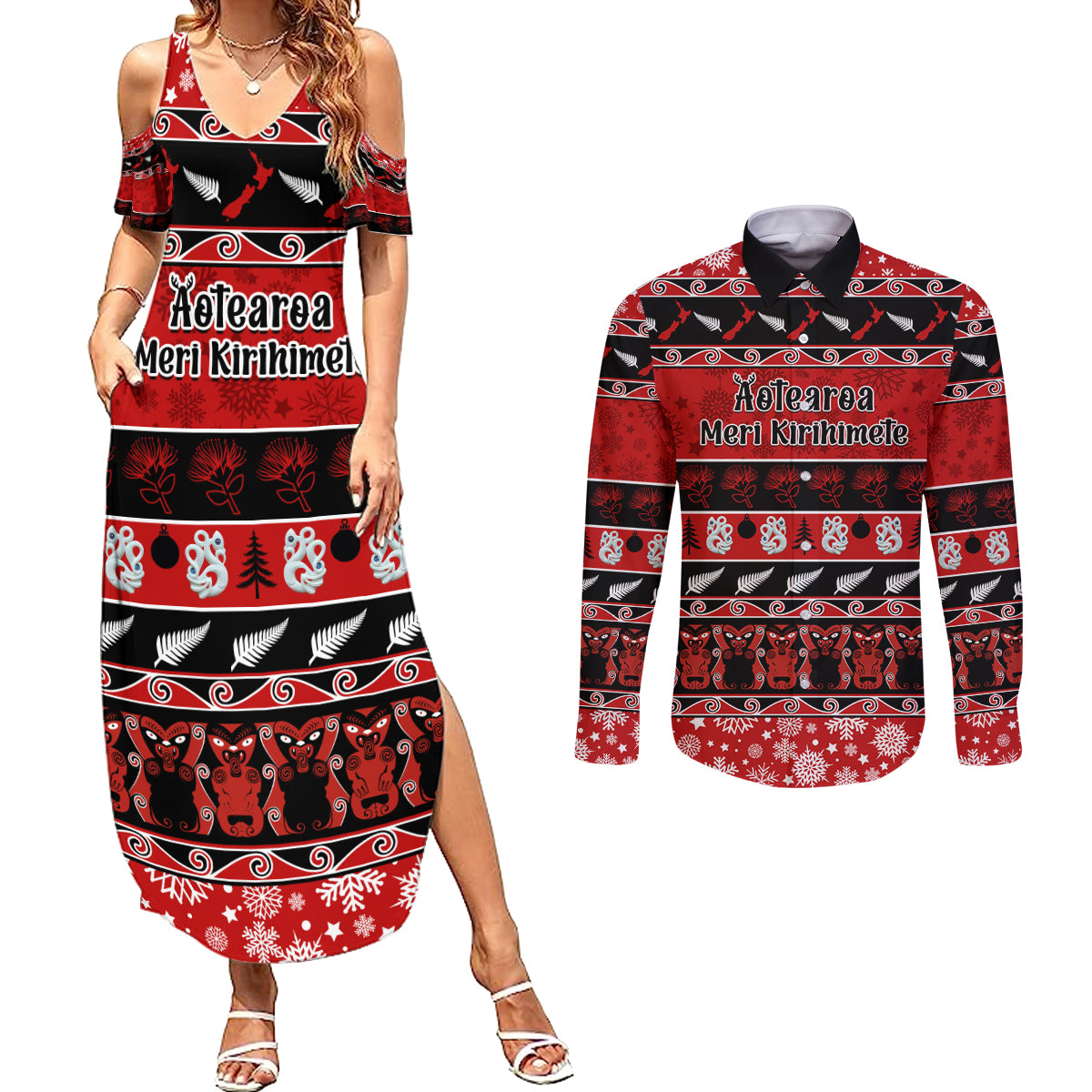 Personalised New Zealand Christmas Couples Matching Summer Maxi Dress and Long Sleeve Button Shirt Aotearoa Kiwi Meri Kirihimete Red Version LT14 Red - Polynesian Pride