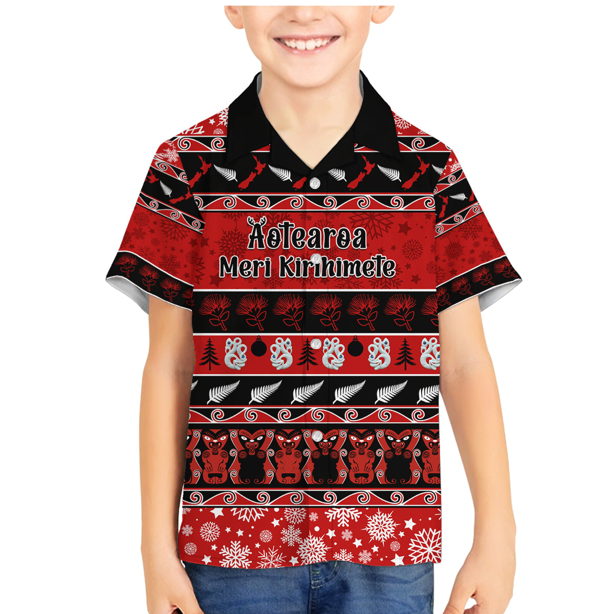 Personalised New Zealand Christmas Family Matching Mermaid Dress and Hawaiian Shirt Aotearoa Kiwi Meri Kirihimete Red Version LT14 Son's Shirt Red - Polynesian Pride