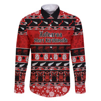 Personalised New Zealand Christmas Family Matching Off Shoulder Maxi Dress and Hawaiian Shirt Aotearoa Kiwi Meri Kirihimete Red Version LT14 Dad's Shirt - Long Sleeve Red - Polynesian Pride