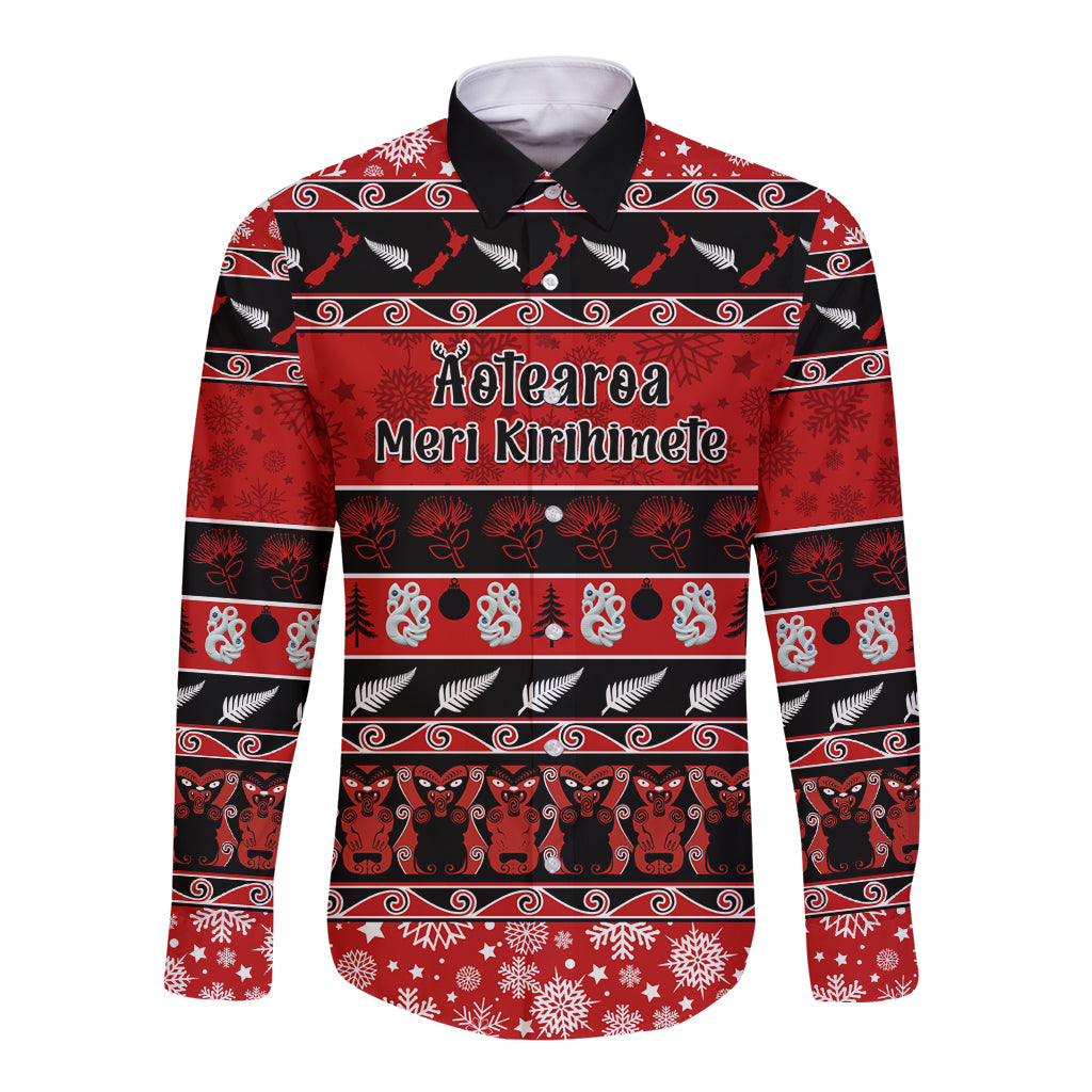 Personalised New Zealand Christmas Long Sleeve Button Shirt Aotearoa Kiwi Meri Kirihimete Red Version LT14 Unisex Red - Polynesian Pride