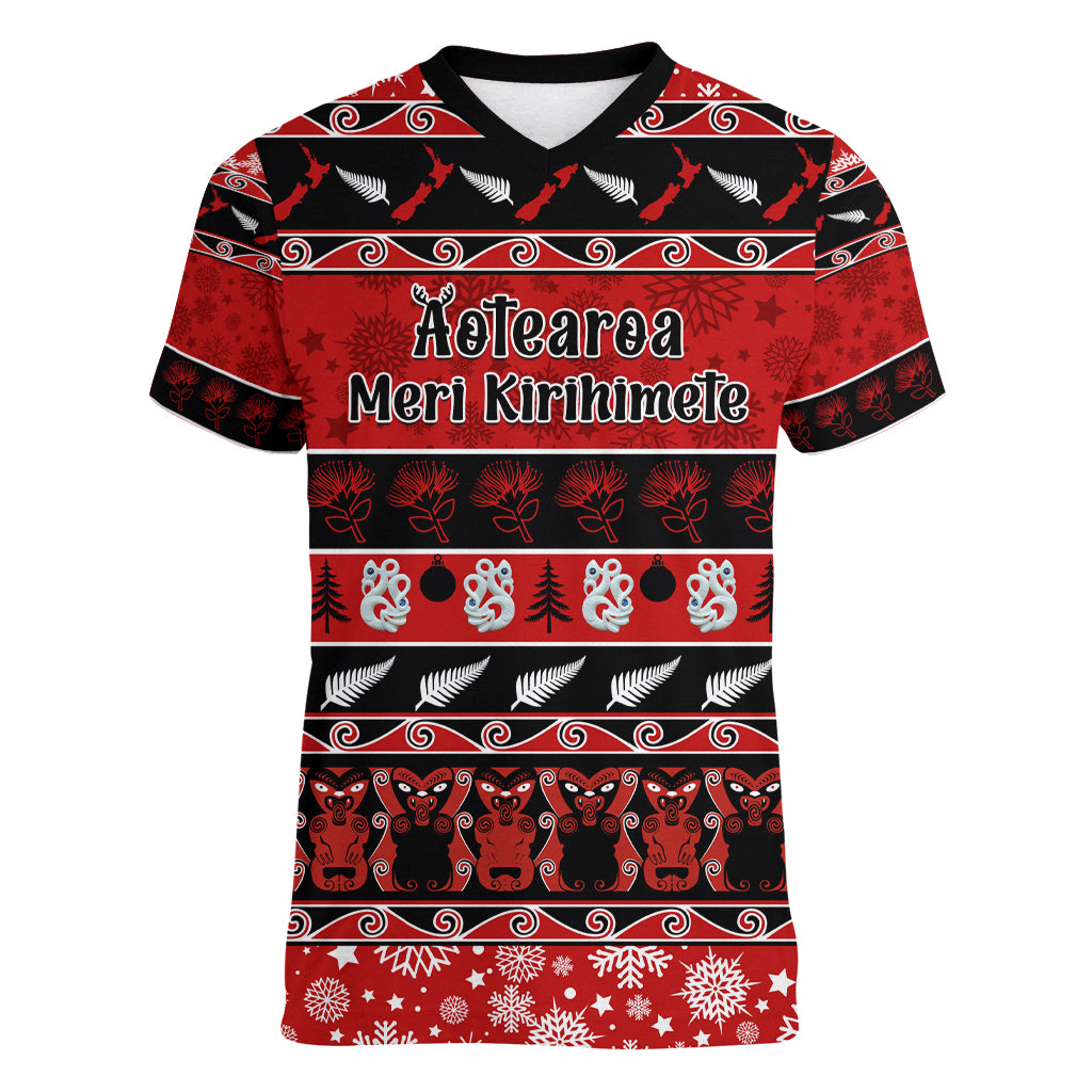 Personalised New Zealand Christmas Women V Neck T Shirt Aotearoa Kiwi Meri Kirihimete Red Version LT14 Female Red - Polynesian Pride