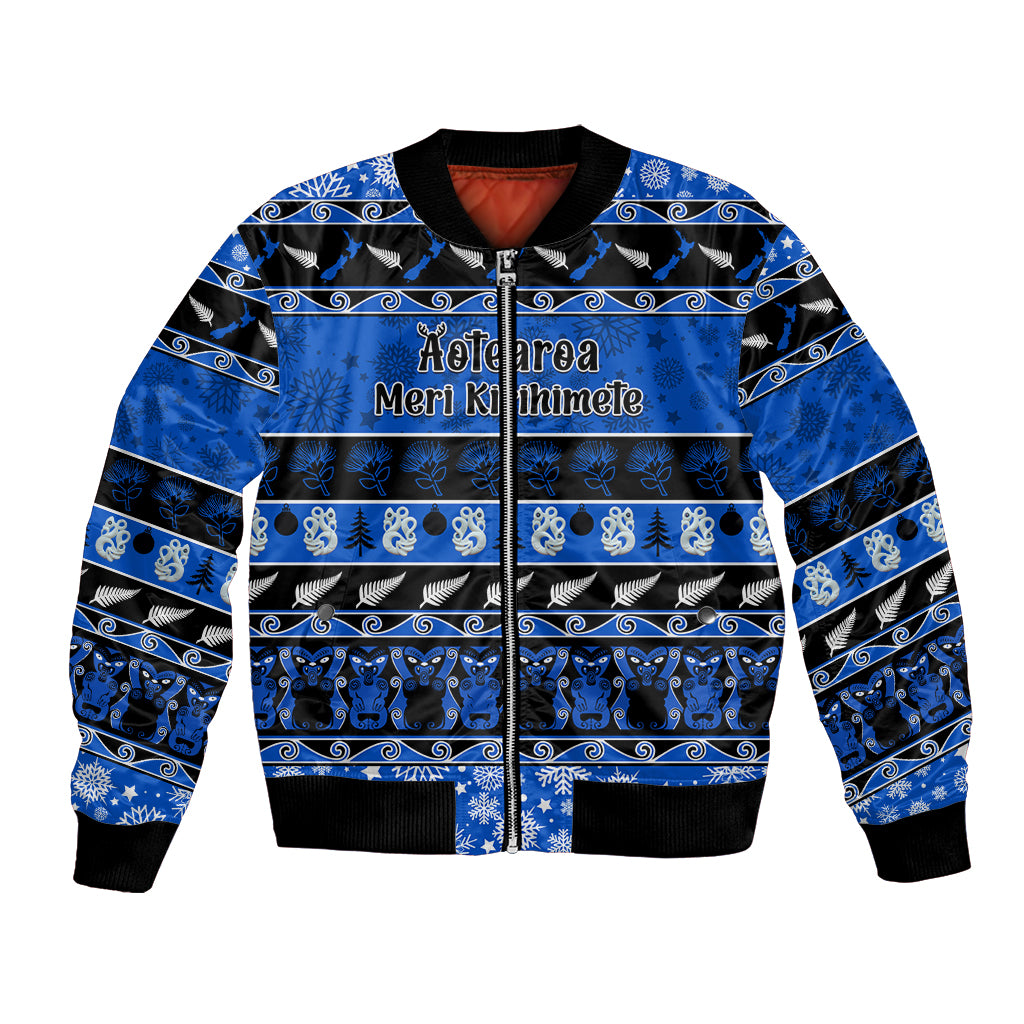 Personalised New Zealand Christmas Bomber Jacket Aotearoa Kiwi Meri Kirihimete Blue Version LT14 Unisex Blue - Polynesian Pride