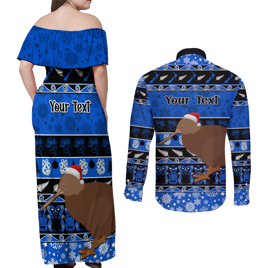 Personalised New Zealand Christmas Couples Matching Off Shoulder Maxi Dress and Long Sleeve Button Shirt Aotearoa Kiwi Meri Kirihimete Blue Version LT14 - Polynesian Pride
